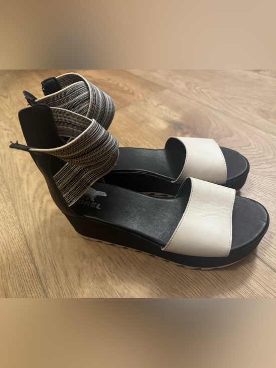 Sorel Shoes - Sorel Women's White Platform Sandal with Black Sole and Striped Elastic Ankle